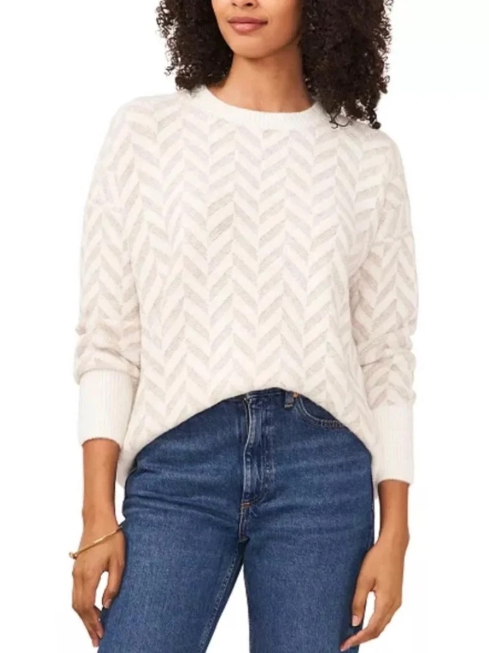 Vince Camuto Jacquard Chevron Crewneck Sweater Cream Small